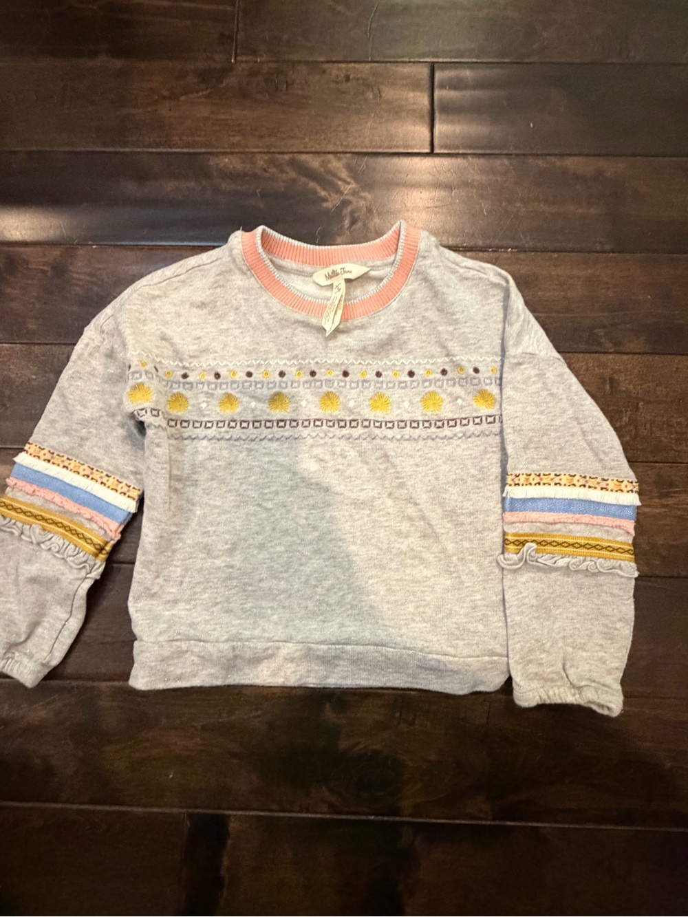 Matilda Jane Heather Gray Sweatshirt with Pink Neckline and Pastel Embroidery